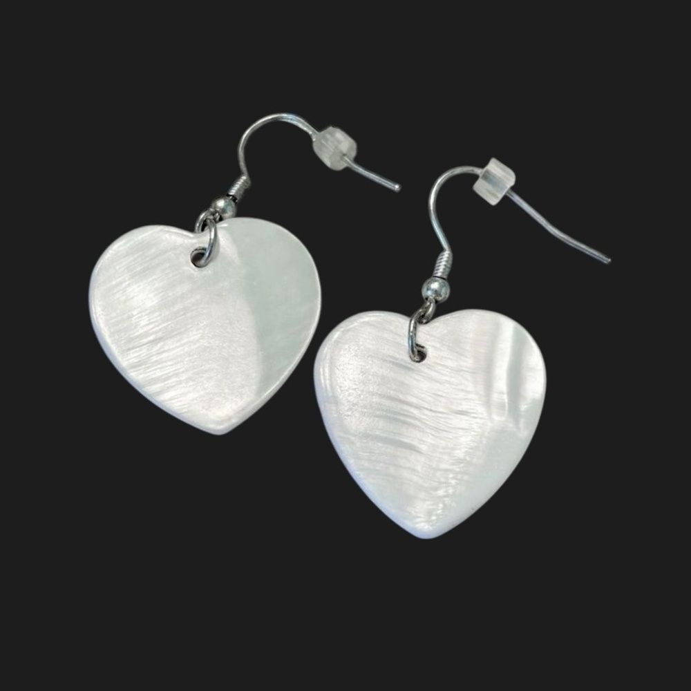 Faux Pearl White Heart Dangle Earrings | Mother of Pearl Style Lightweight